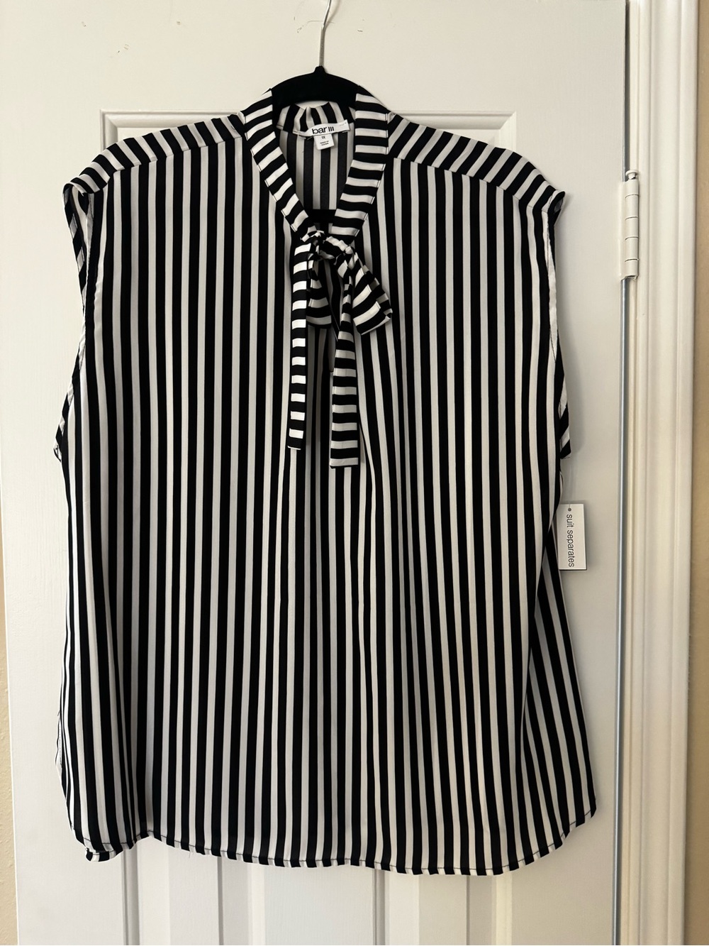 Bar III Black & White Vertical Stripe Tie-Neck Blouse
